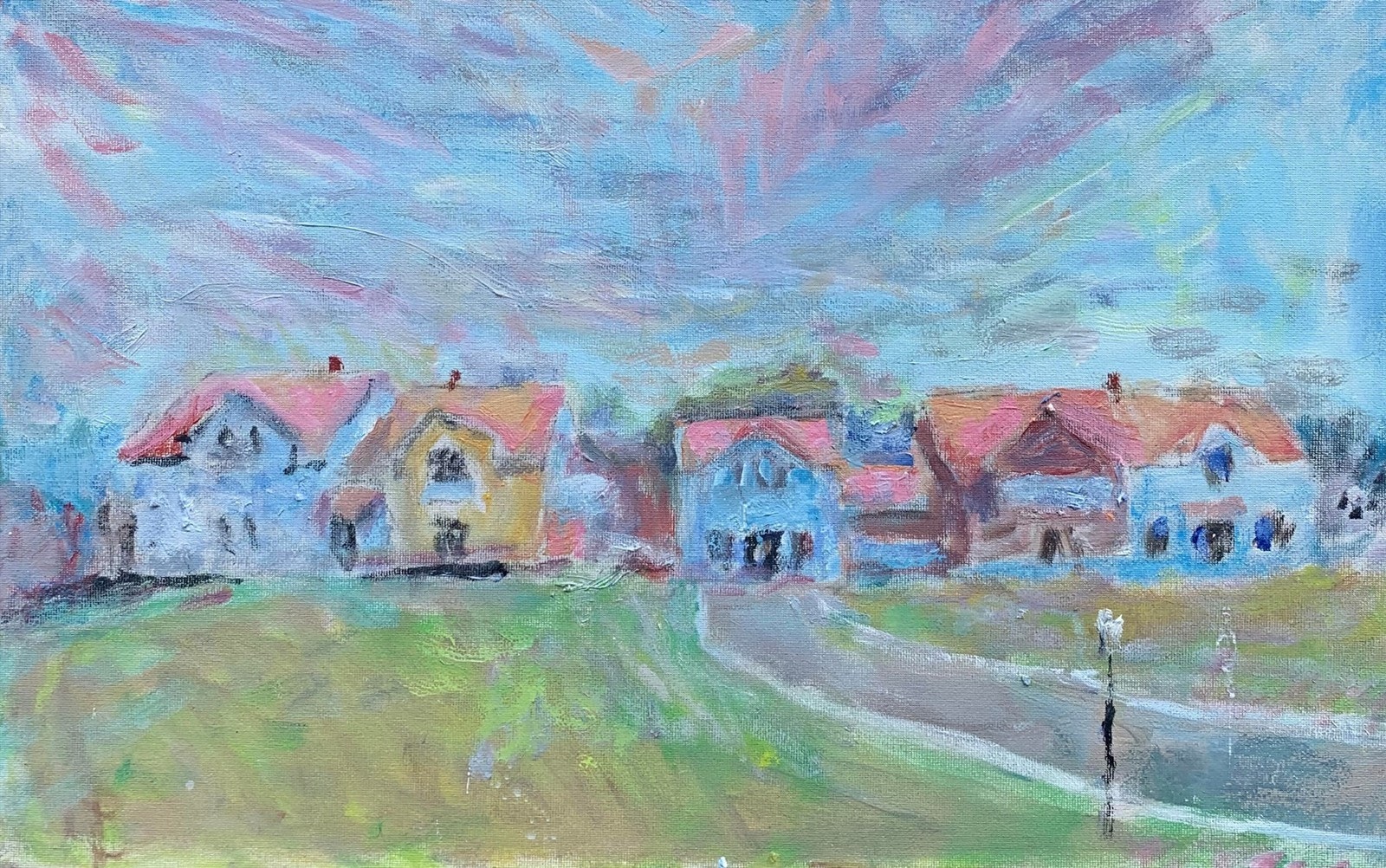 Kunstneren Tore Bjørn Skjølsvik har portrettert prosjektet, og maleriet pryder coveret av boken Arkitekturoppgjøret Galleribilde