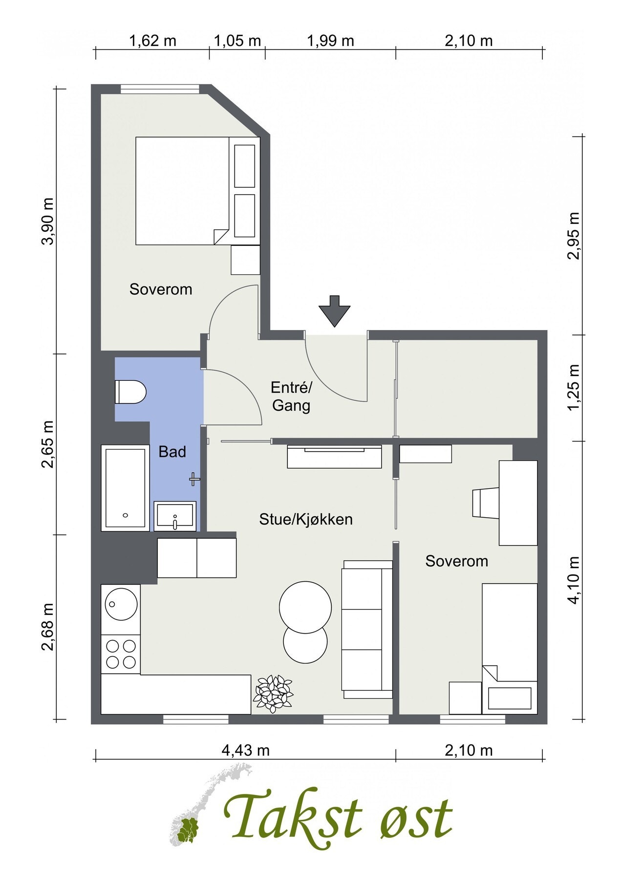 Leilighetens planskisse, slik at du får orientert deg - avvik kan forekomme. Galleribilde