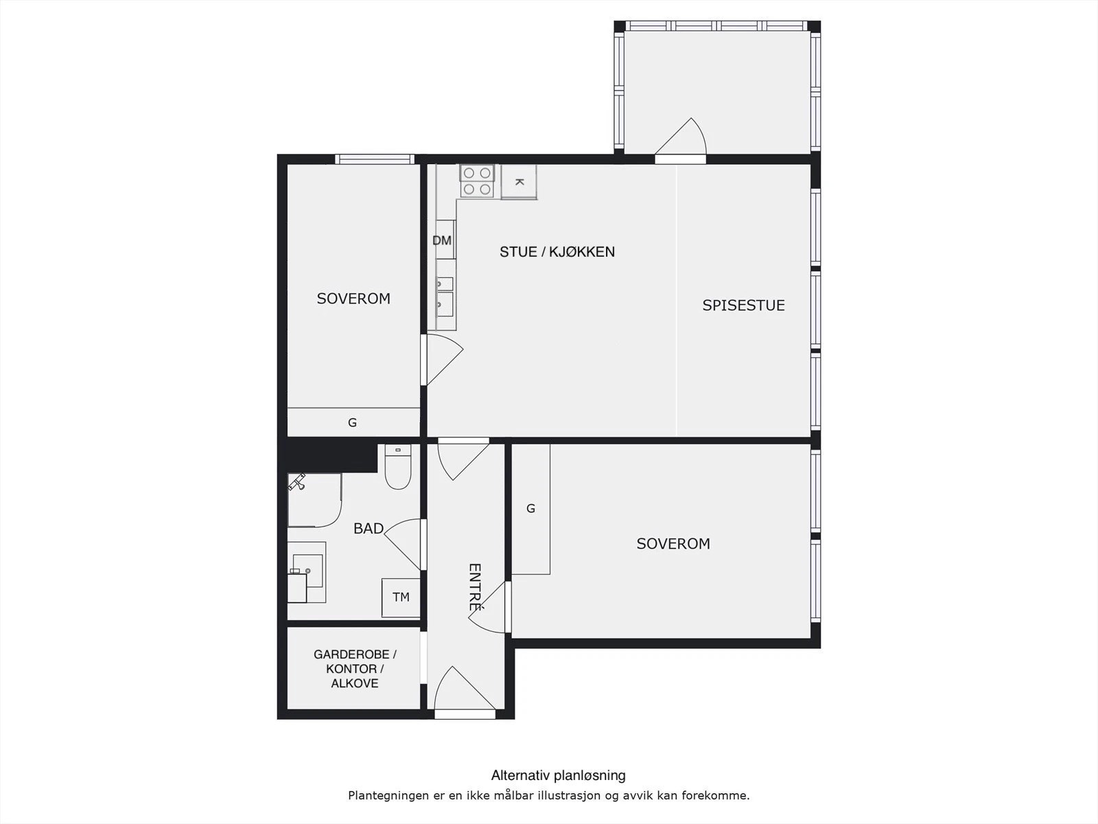 Alternativ planløsning med to soverom. Galleribilde