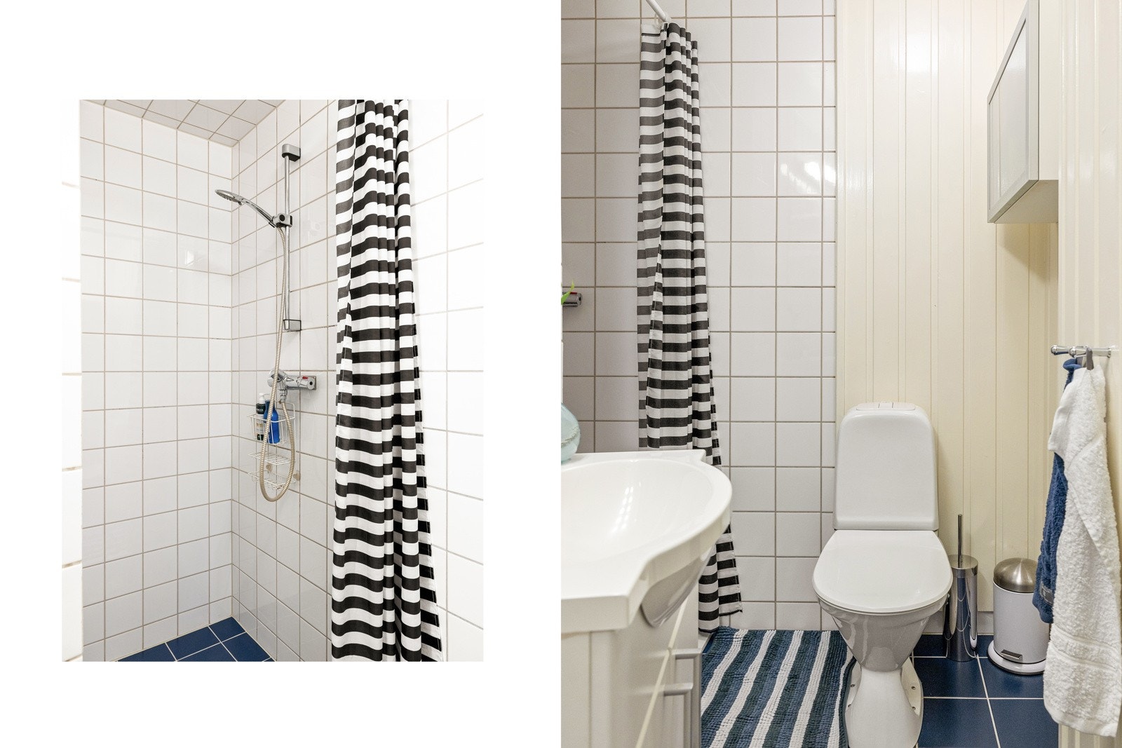 Flislagt baderom med servant med underskap, wc og dusjnisje Galleribilde