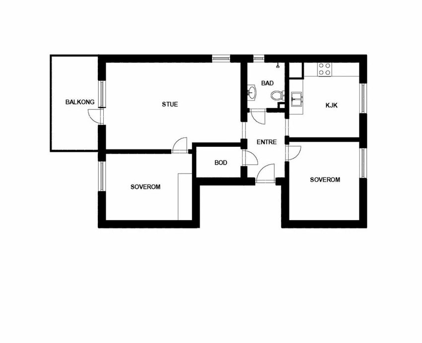 Planskisse. Leiligheten består i tillegg av loftsbod med gulvareal på ca. 6 m² og kjellerbod på 3,5 m². Galleribilde