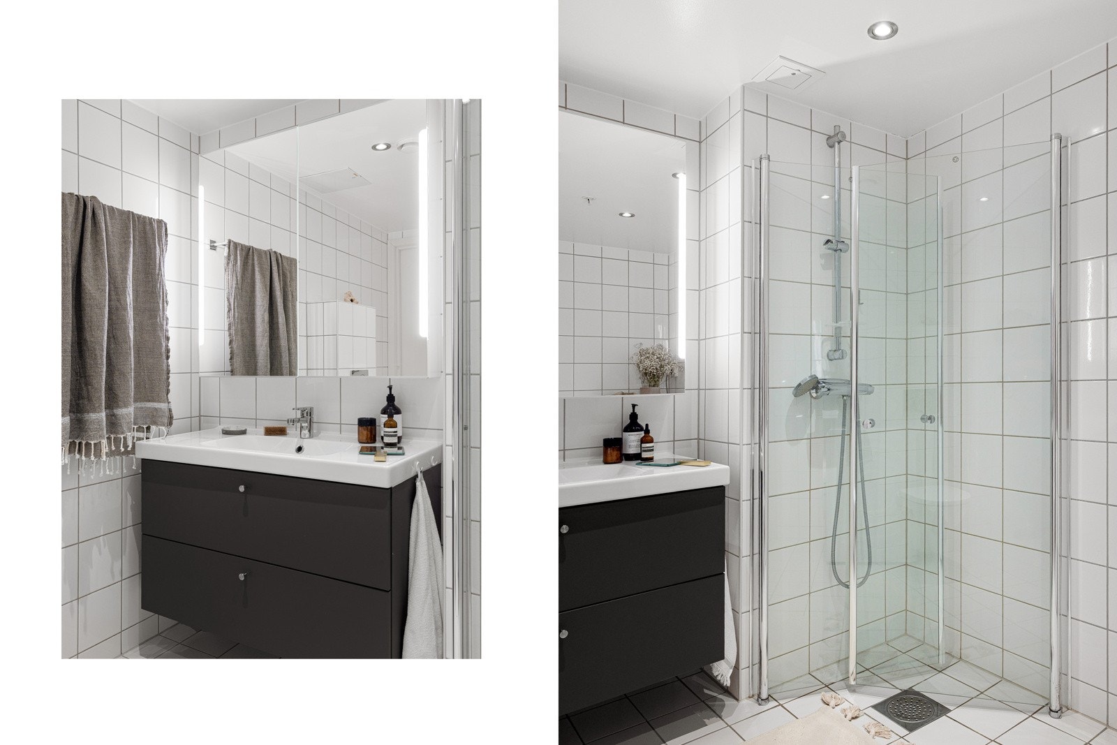 Badet er innredet med dusjnisje med svingbare glassvegger og termostatstyrt dusjbatteri i krom med hånddusj. Galleribilde
