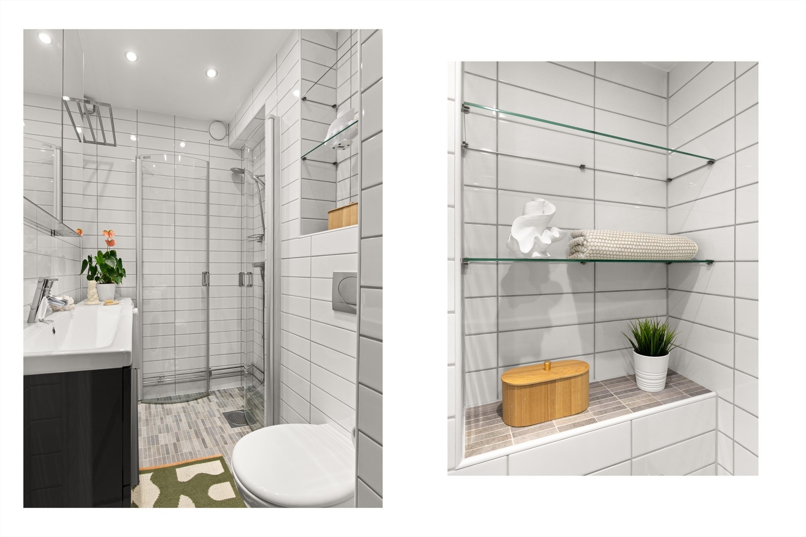 Videre har badet dusjhjørne og vegghengt klosett. Det er opplegg for vaskemaskin. Galleribilde