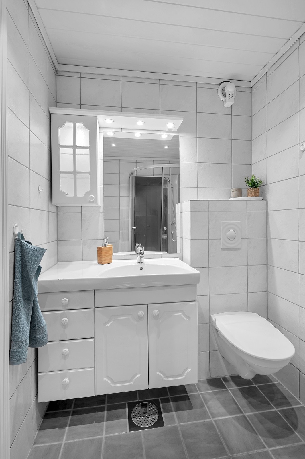 Vegghengt toalett, baderomsinnredning og dusjkabinett. Galleribilde