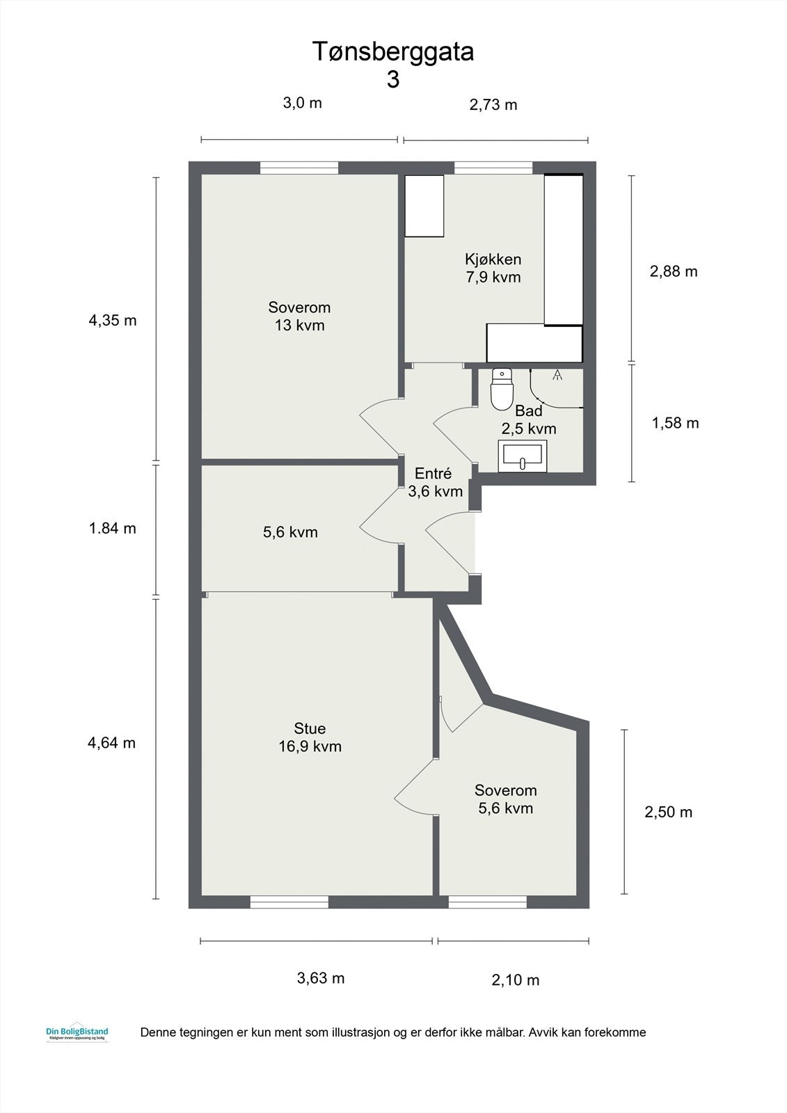 Leiligheten ligger i 3. etasje og inneholder entré, bad, kjøkken, 2 soverom og stue. I tillegg er det gode lagringsmuligheter i kjellerboder. Galleribilde