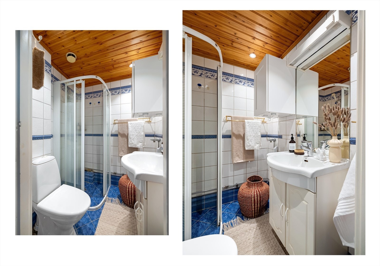 Eldre baderom med flislagte overflater, elektrisk gulvvarme og trepanel med downlights i tak. Galleribilde