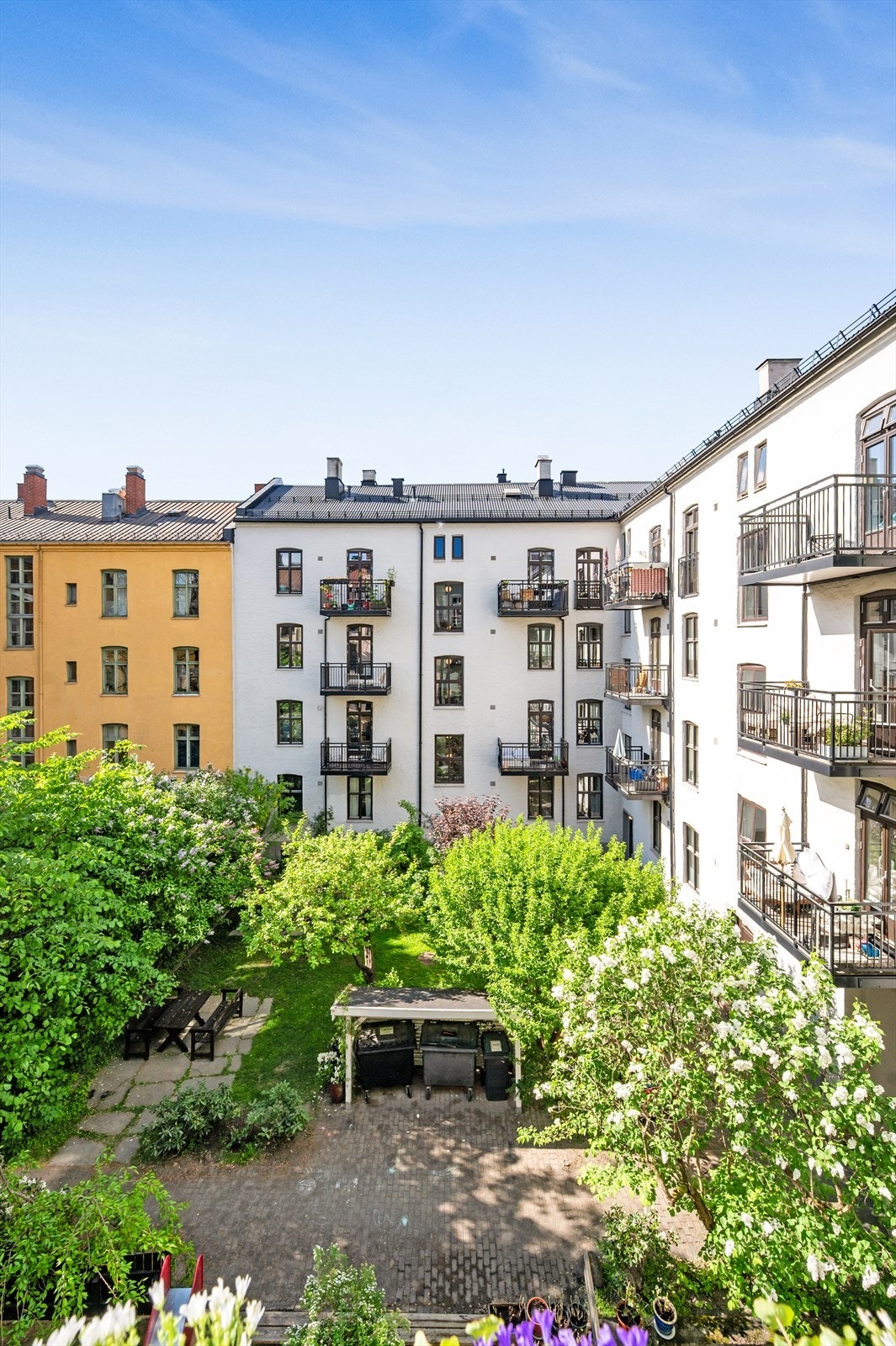 Utsikt fra balkongen mot lukket bakgård. På sommerstid er bakgården svært frodig og helt skjermet fra biltrafikk. Galleribilde