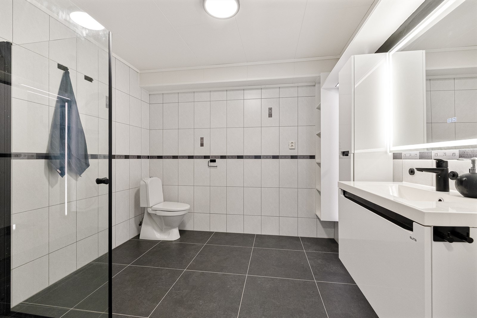 Badet har innredning med servantmøbel, to speil med integrert belysning, dusj med infellbare dører og toalett. Galleribilde