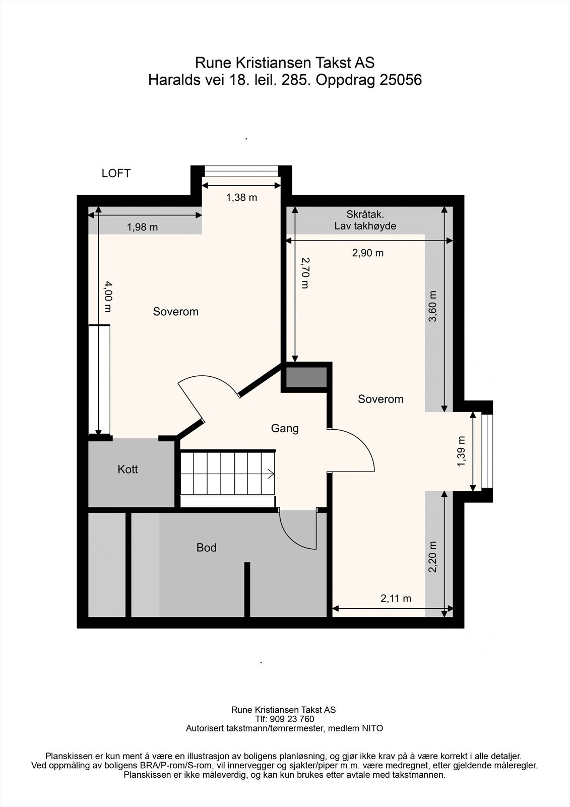 Plantegning av loftetasjen fra takstmann. Loftet er bygget ut og innredet i regi av en tidligere eier. Det foreligger byggetillatelse for utbygging av loft fra 2025, med ikke IG eller ferdigattest. Etasjen er ikke godkjent for varig opphold. Galleribilde