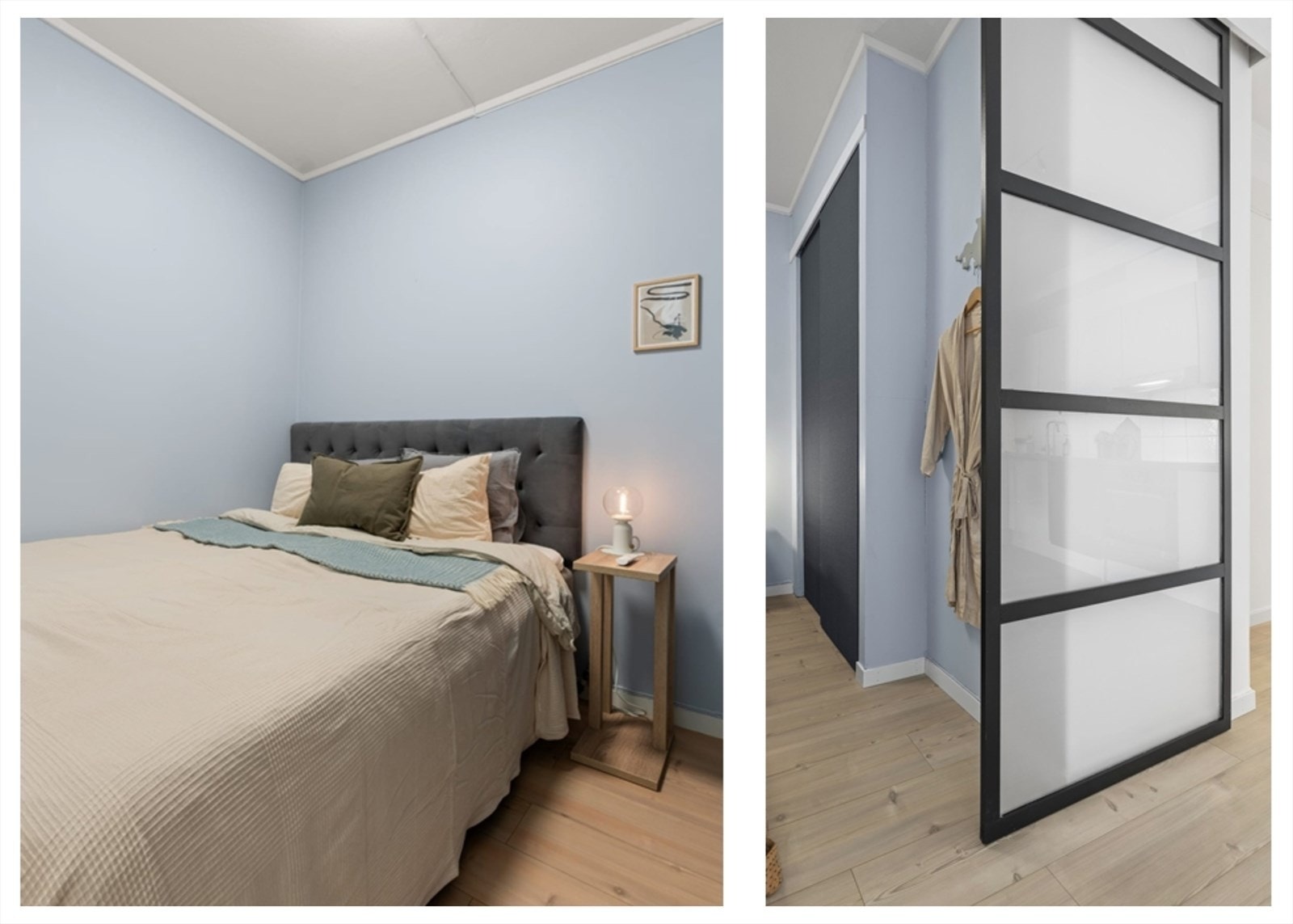 Alkoven er utstyrt med en skyvedørsgarderobe, som gir praktisk oppbevaringsplass til ulike klesartikler Galleribilde