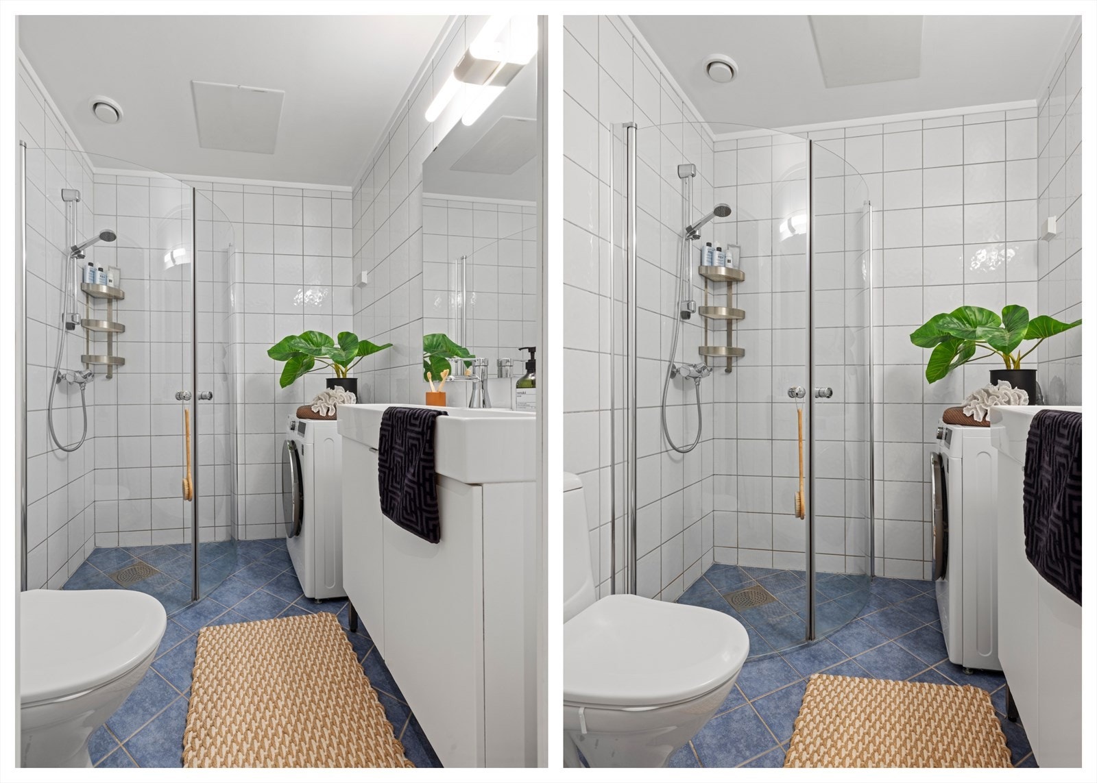 Bad fra 2004 med flislagte vegger og gulv med elektriske varmekabler. Hvit innredning med glatte fornter, helstøpt servantplate med bladebatterie og speil med veggmontert vegglampe. Badet er videre utstyrt med dusjhjørne, toalett, opplegg for vaskemaskin Galleribilde