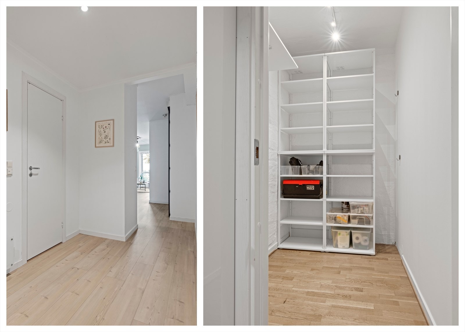 En romslig og lys entré som gir et moderne førsteinntrykk av hjemmet. Her har du god plass til oppbevaring av yttertøy og sko. I tilknytting til entréen finnes en praktisk innvendig bod på 3m² Galleribilde