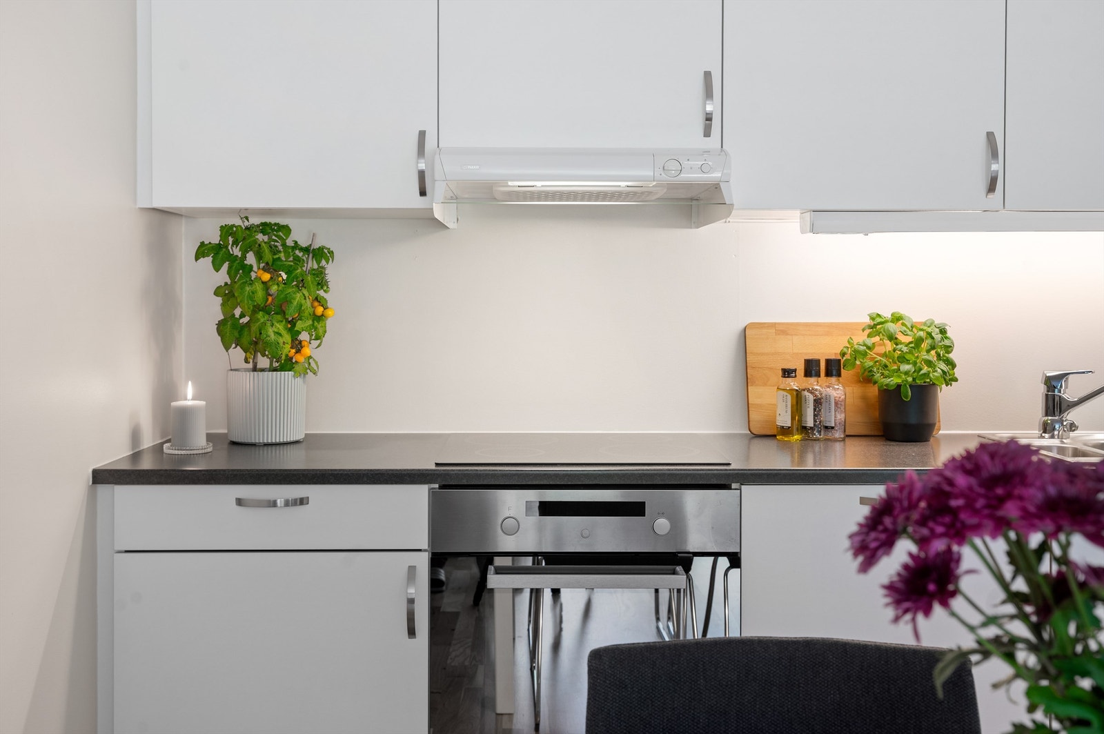 Integrerte hvitevarer består av kjøleskap med fryser, oppvaskmaskin, stekeovn og induksjonstopp. Ventilator tilkoblet avtrekk med styring av ventilasjon plassert i overskap. Galleribilde