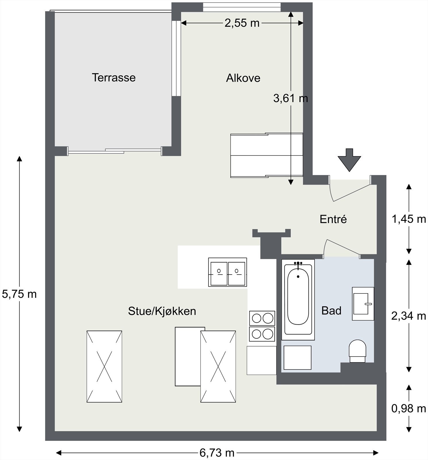 Plantegning. I tillegg disponerer leiligheten en kjellerbod på ca. 6 kvm Galleribilde