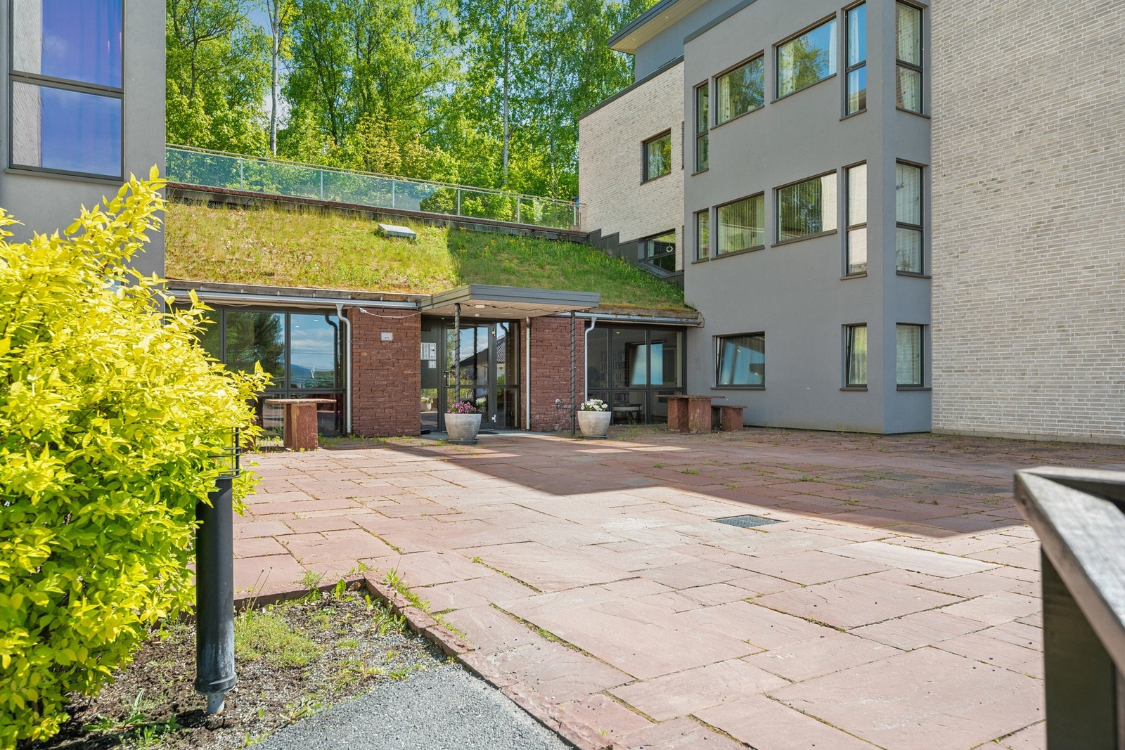 Pent og skjermet inngangsparti med steinlagt område og grønne omgivelser. Galleribilde