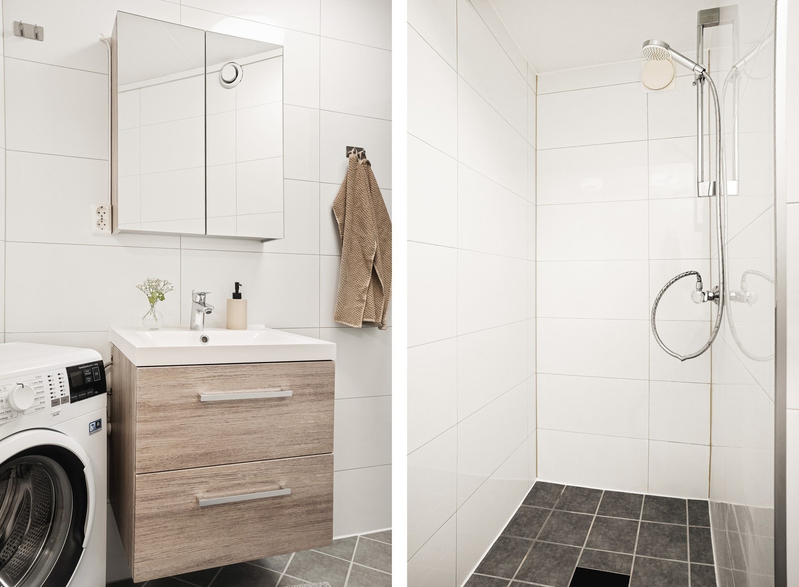 Badet er innredet med toalett, baderomsinnredning, dusjnisje og opplegg for vaskemaskin. Galleribilde