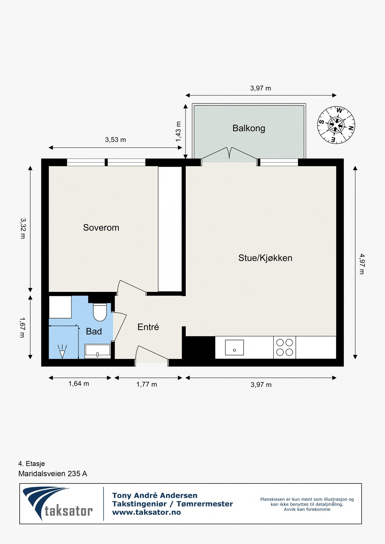 Leiligheten ligger i blokkens 4. etg. og inneholder: Entrè, stue/kjøkken, soverom, bad/wc. I tillegg disponerer boligen 2 boder Galleribilde