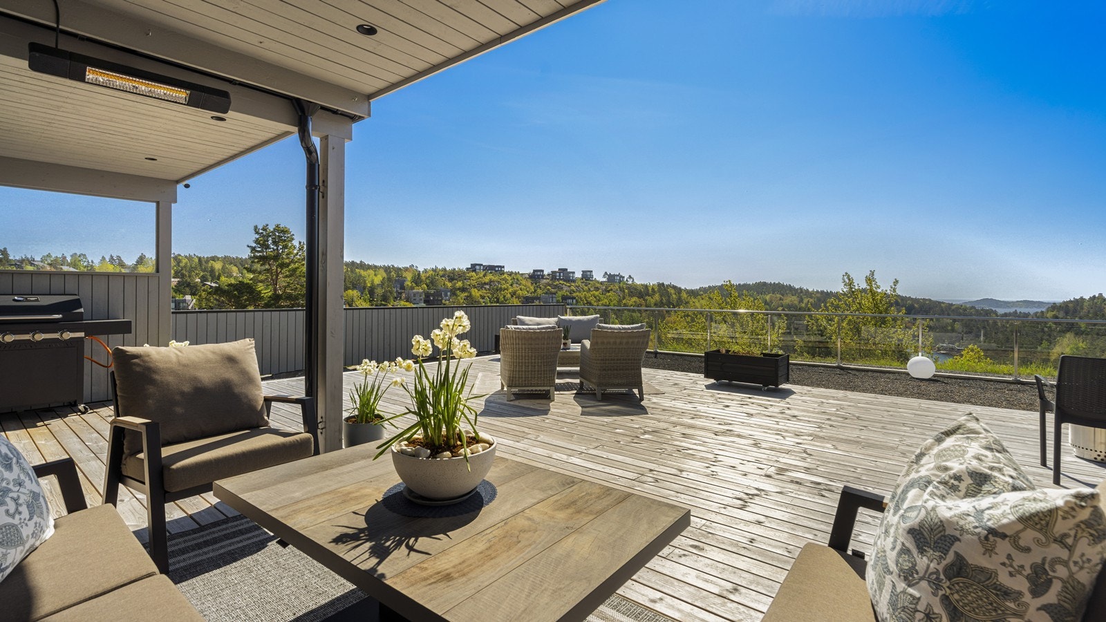 Fra terrassen ved stuen er det nydelig utsikt over skog og sjø Galleribilde