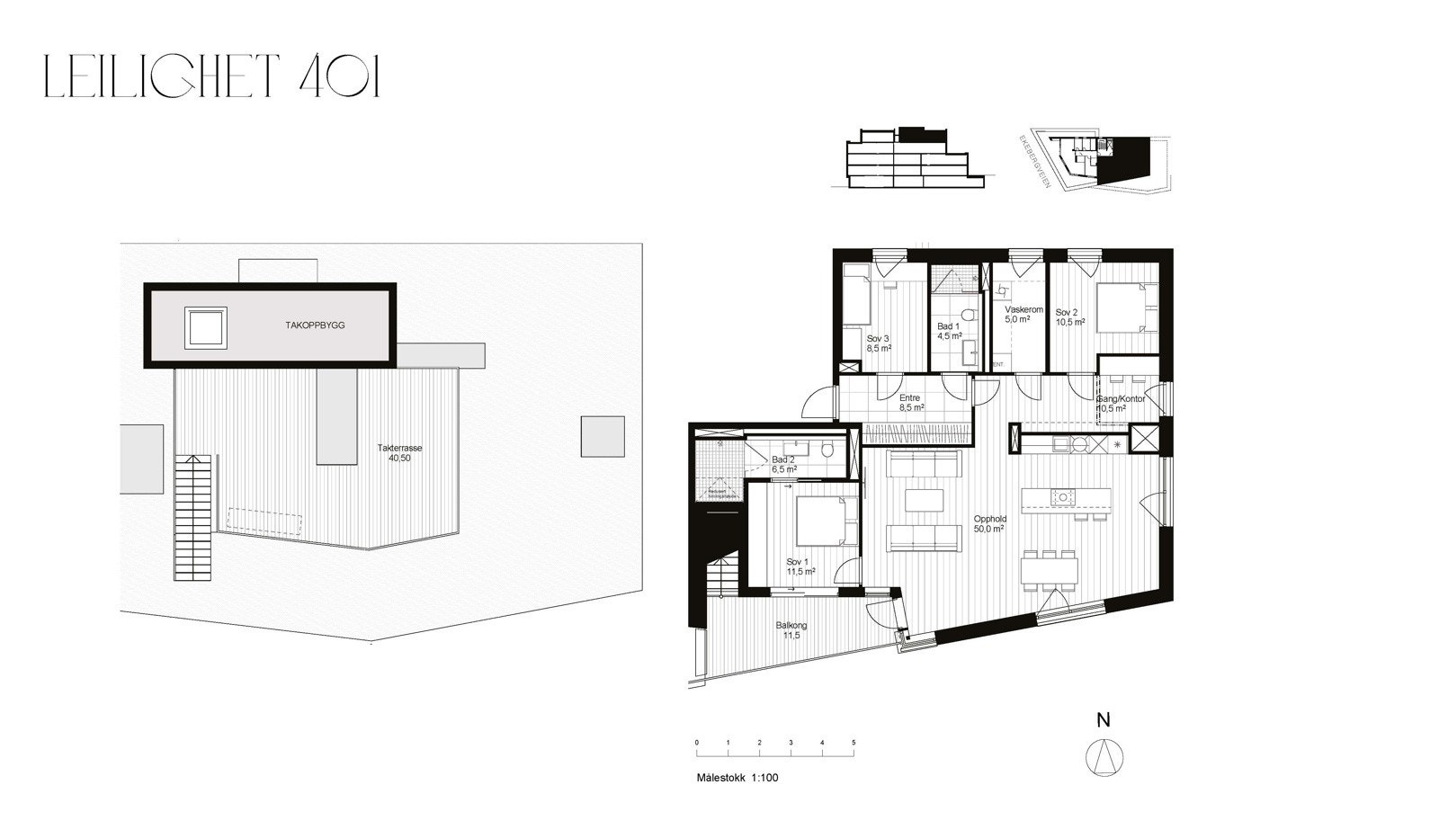 Plantegning av seksjon 14 med egen privat takterrasse. Galleribilde