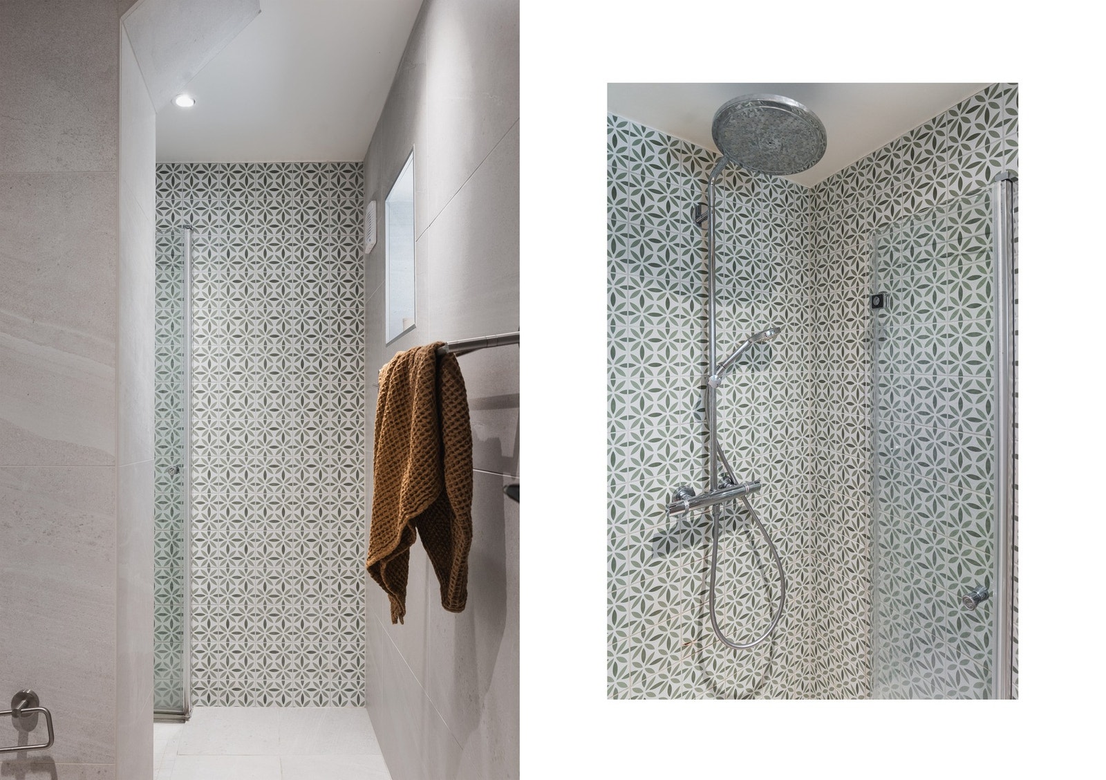 Badet har dusjnisje med regnfallsdusj og innfellbare glassdører. Downlight i himling og gulvvarme. Galleribilde