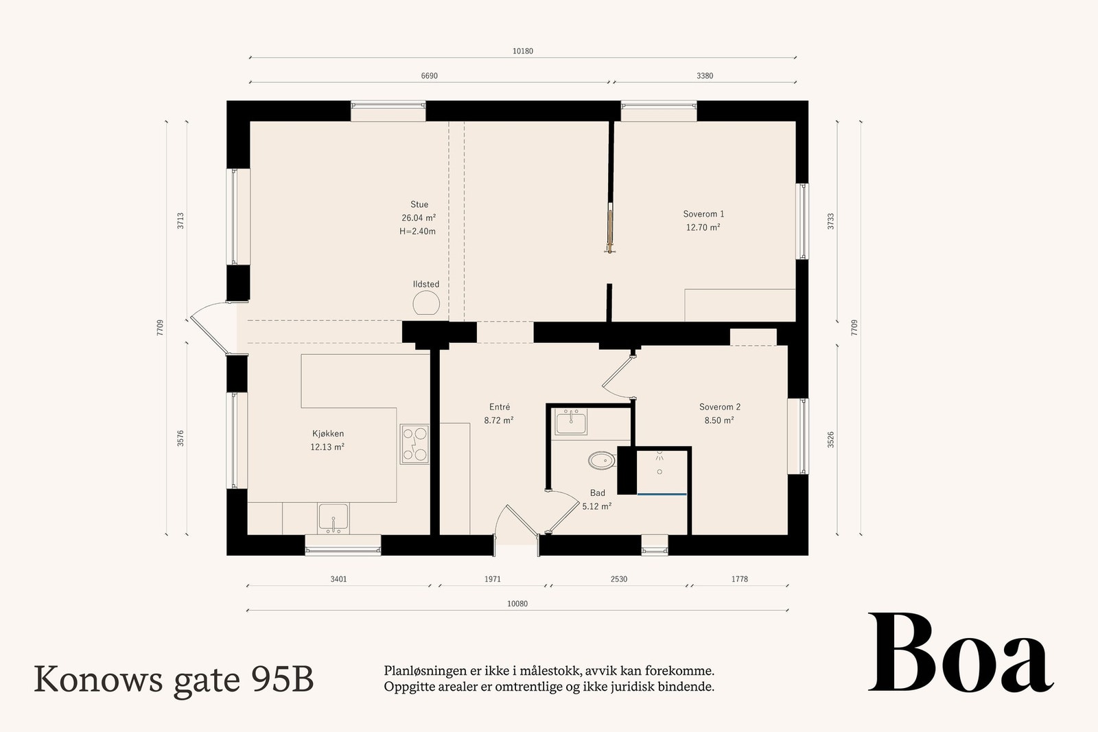 1 etasje: Entré/gang, kjøkken, stue/spisestue, 2 soverom, dusjbad/wc.
Kjeller: Disponerer 1 bod (ikke målbar grunnet lav takhøyde). Gulvareal ca. 9,3 m² Galleribilde