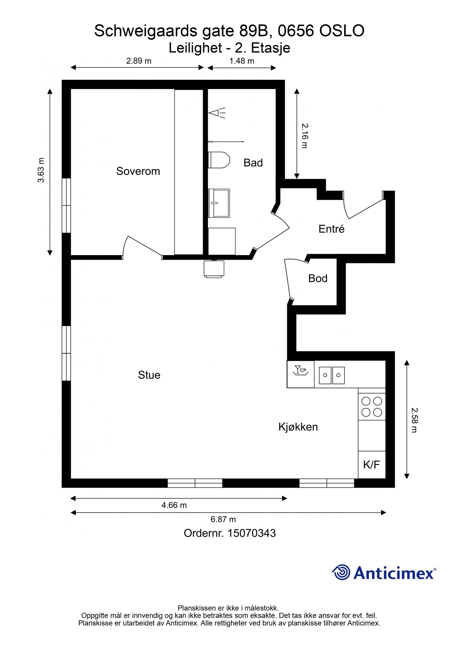 Plantegning i 2D med mål. Galleribilde