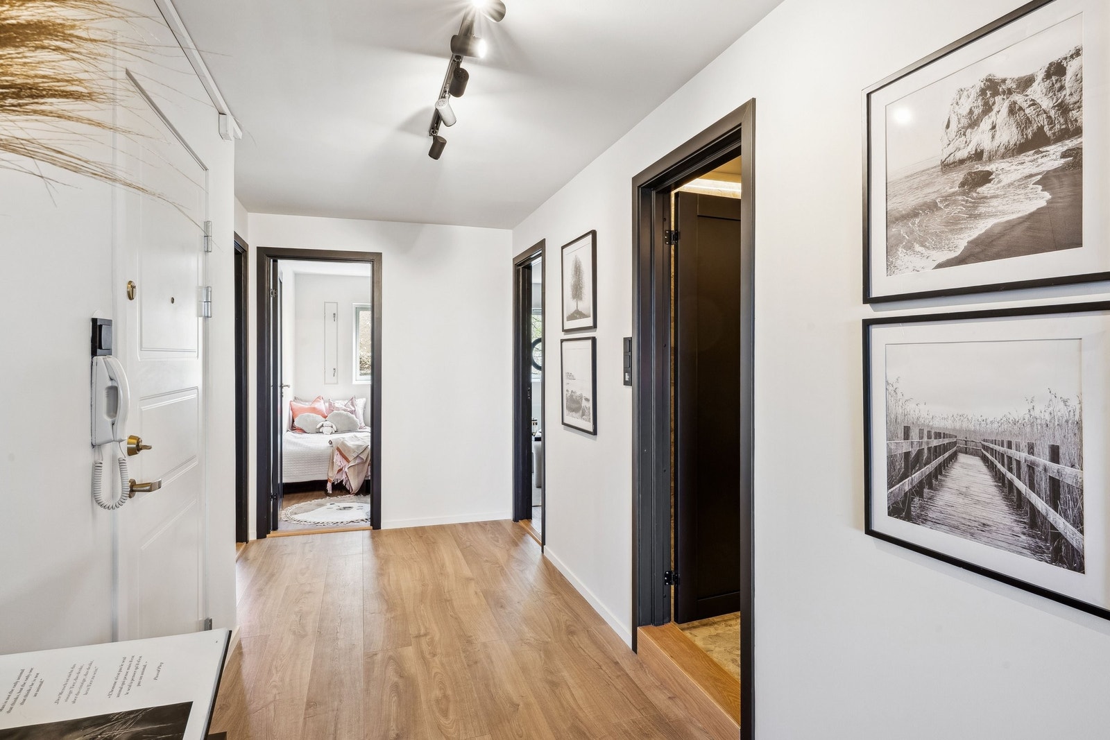 Romslig og lys entre. Her er det plass til å sette opp et skap eller andre smarte løsninger for jakke oppheng til høyre fra inngangsdøren. Galleribilde