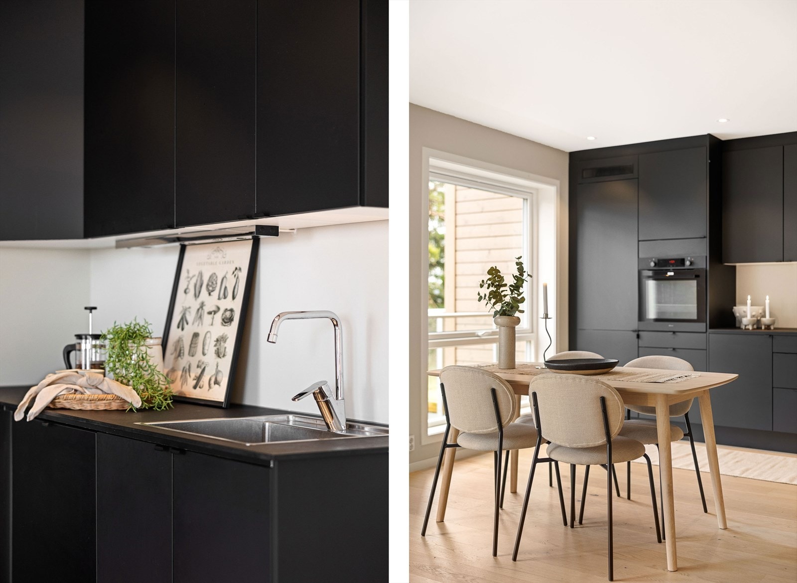 Det er listefri overgang mellom malte vegg- og takflater i boligen. Ved kjøkkenet er det innfelte downlights i tak, som kan dimmes etter eget ønske. Galleribilde