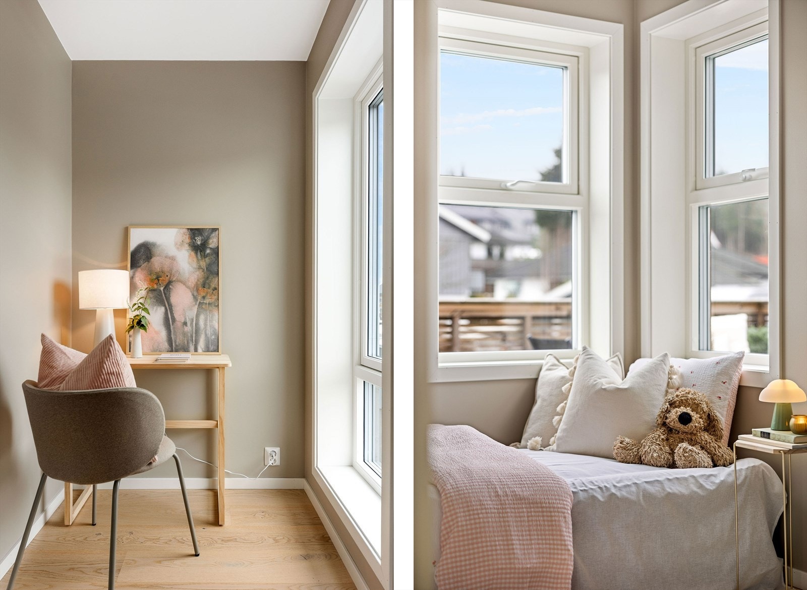 Overflater består av pen, enstavs parkett på gulv og slette veggflater som er malt opp i en lun og behagelig fargetone. Galleribilde