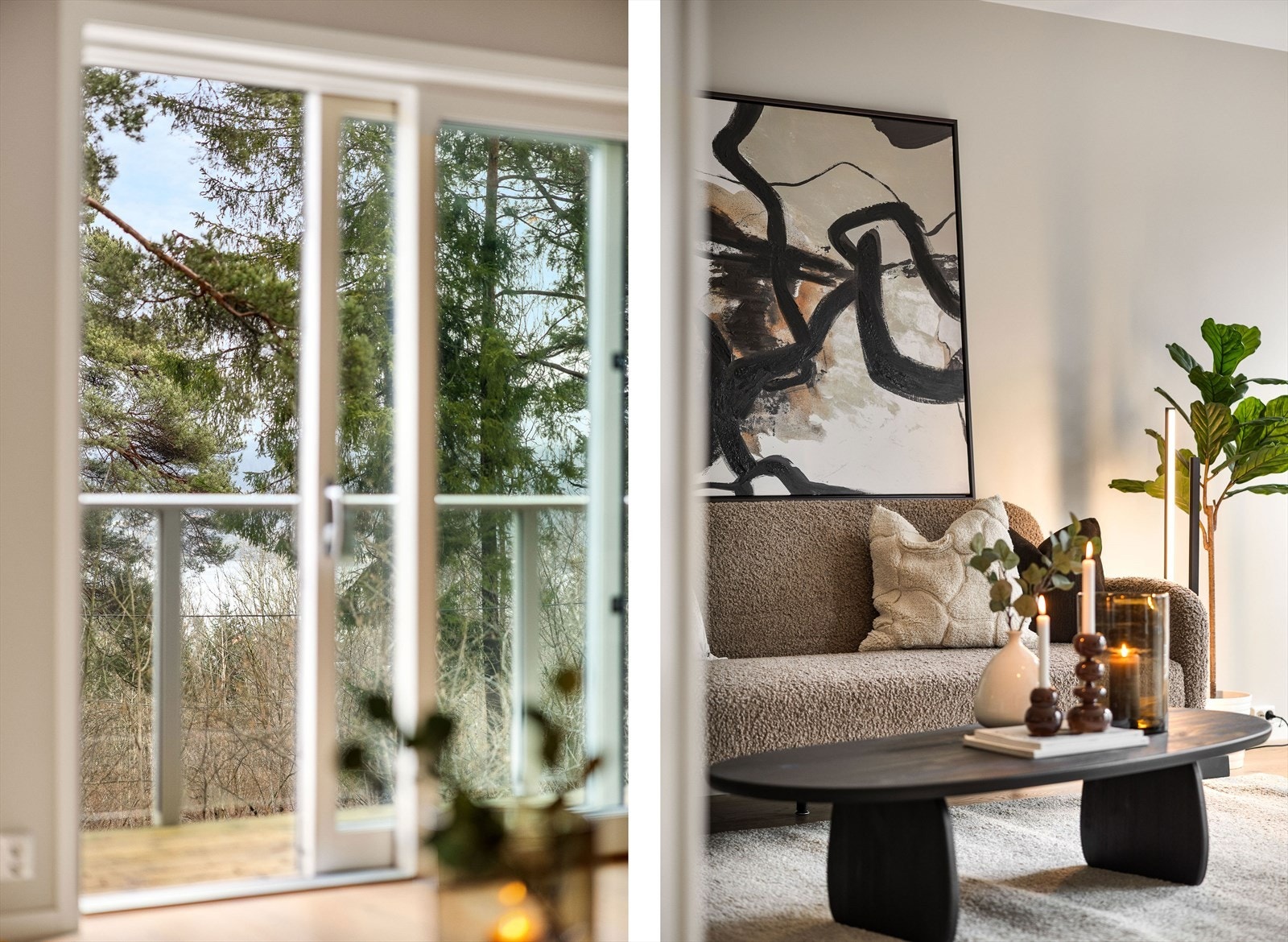 Det er skyvedør med store vindusflater, med utgang til en smal og usjenert balkong mot nordøst. Balkongen har spaltegulv og flott glassrekkverk. Galleribilde