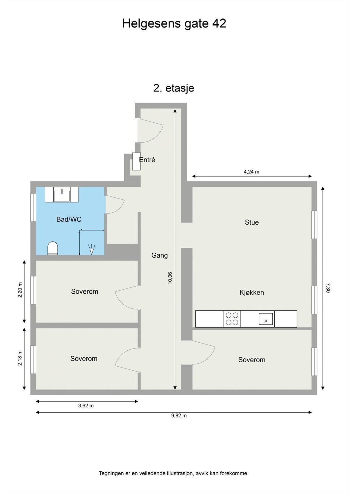 Leiligheten ligger 2.etasje og har en praktisk planløsning som inneholder entrè, stue og kjøkken i åpen løsning, delikat baderom og 3 gode soverom. Galleribilde