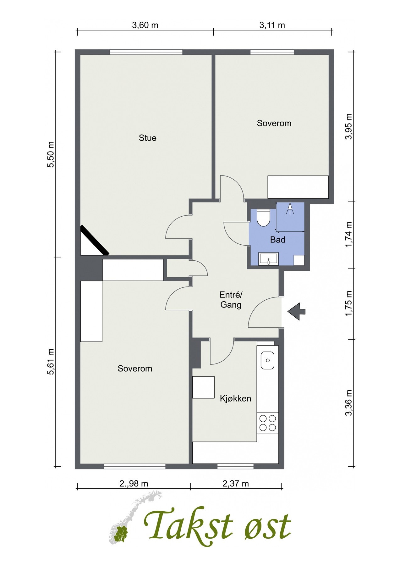Plantegning. I tillegg disponerer leiligheten 3 eksterne boder. Galleribilde