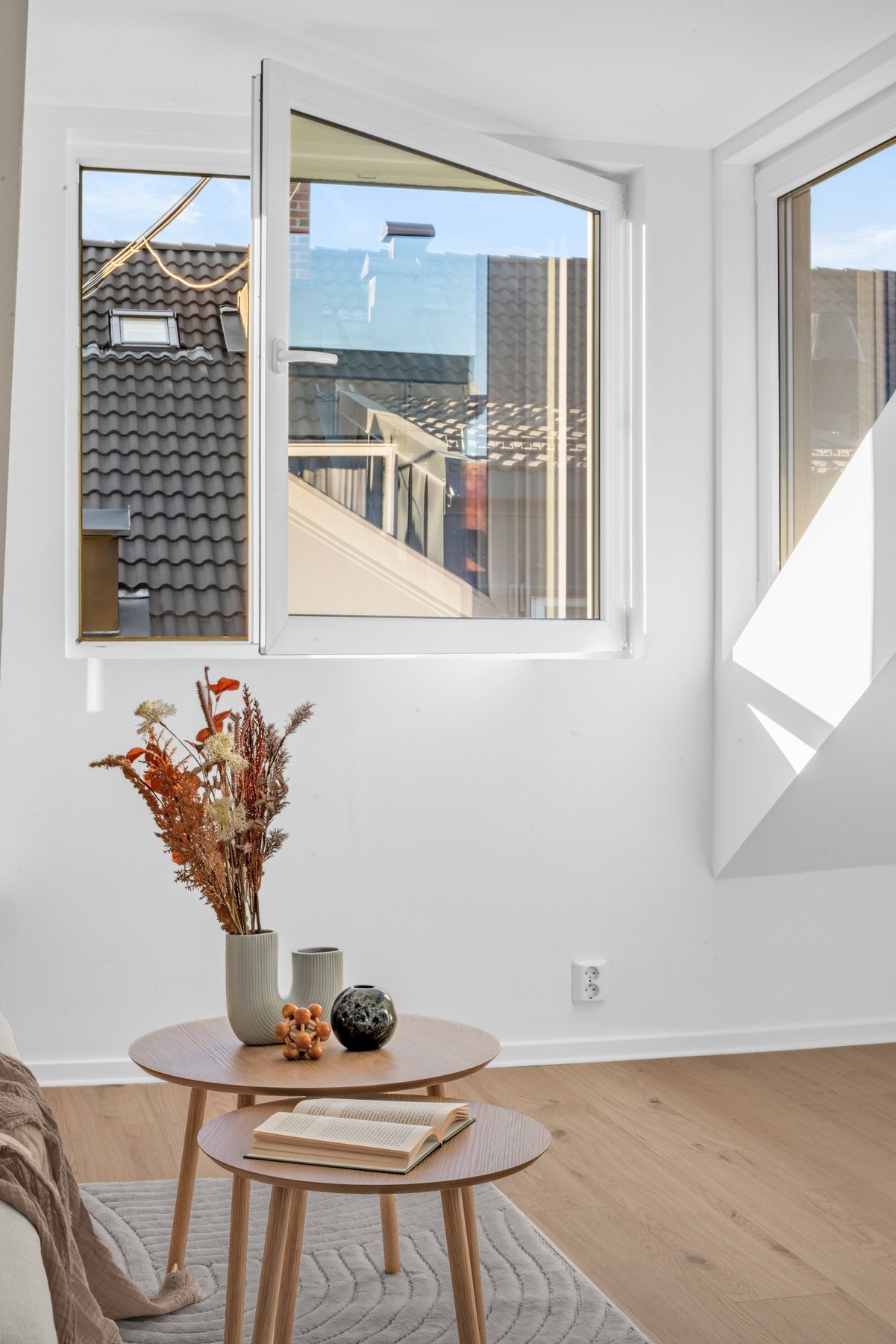 Takløftet med stående vinduer sikrer lys og luft i leiligheten. Galleribilde