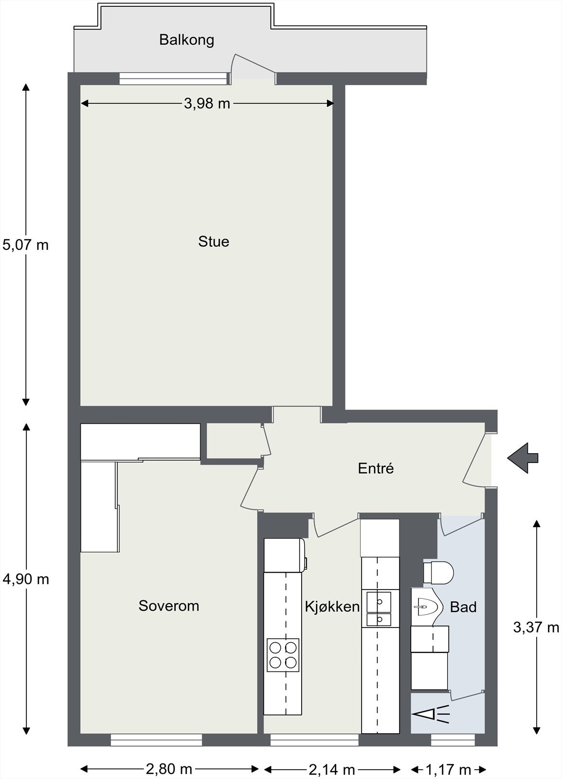Plantegning. Leiligheten disponerer i tillegg en kjellerbod på ca. 3 kvm og en loftsbod med 8 kvm gulvareal. Galleribilde