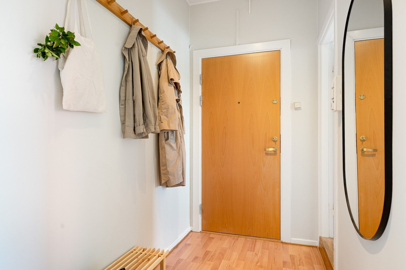 Plass til å henge fra seg yttertøy og oppbevaringa av sko. Galleribilde