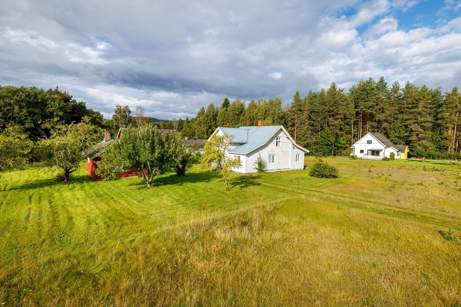 Eiendommen har stor hage med trær og diverse hus på eiendommen. Galleribilde