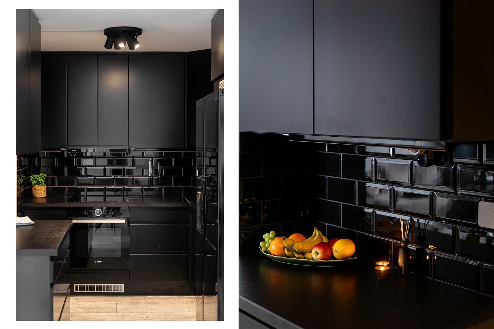 Her er det sorte, glatte fronter og laminert benkeplate med nedfelt oppvaskkum. Galleribilde