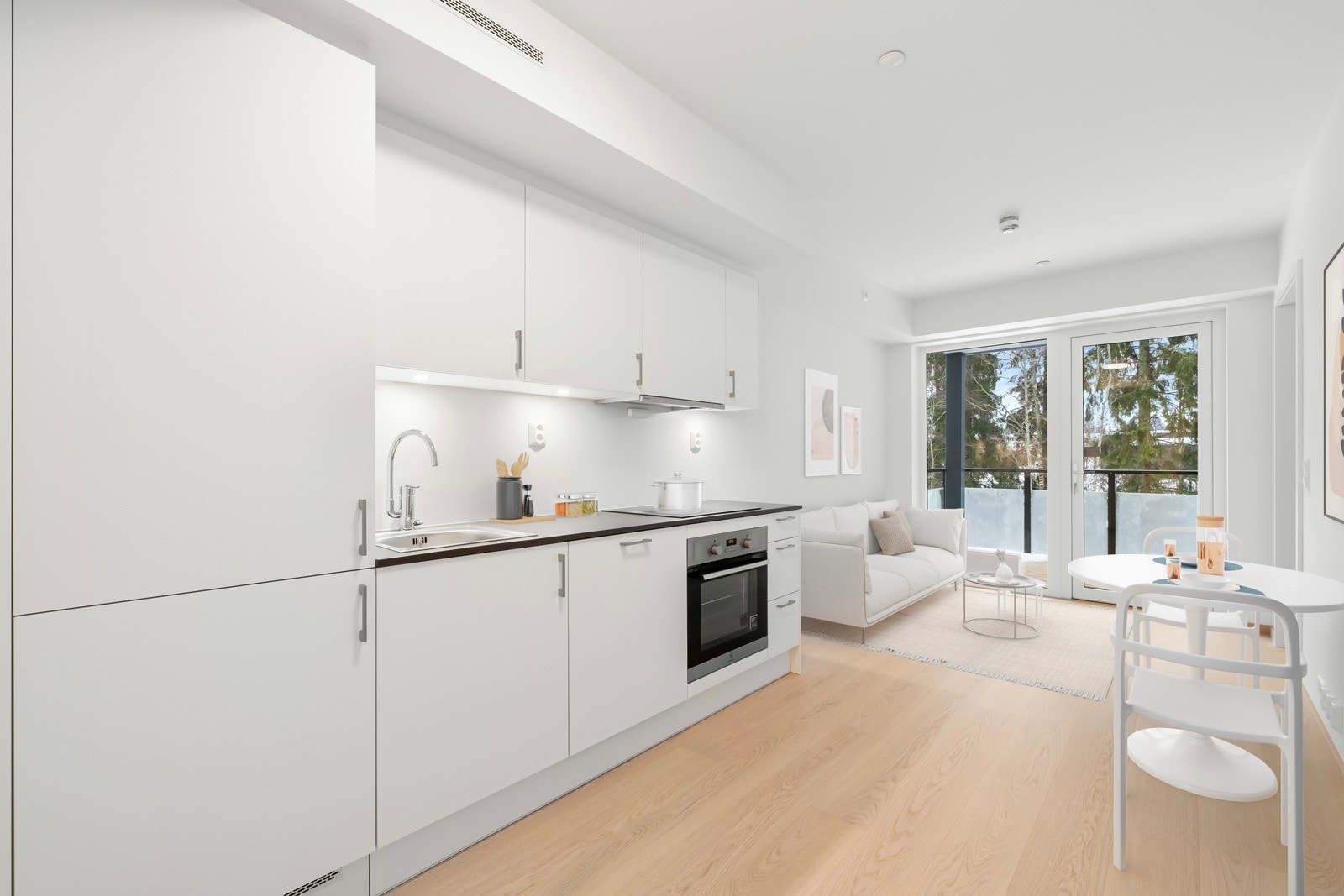 Leiligheten har en gjennomført høy standard, med 1-stavs hvitpigmentert eikeparkett og listfrie vindussmyg. Bildet er digitalt stylet. Galleribilde