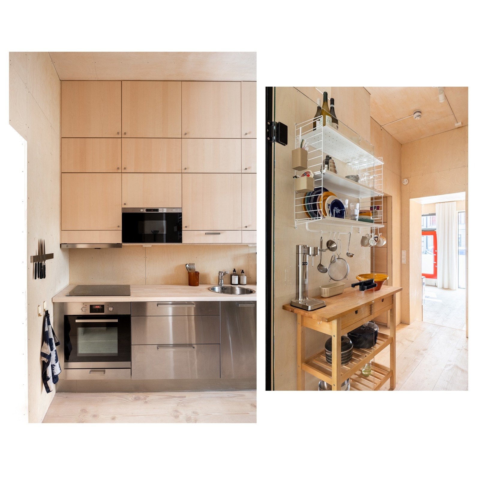 Lekkert kjøkken med innredning fra IKEA (2012) med glatte fronter i børstet stål, fineérte fronter, samt benkeplate av tre med nedfelt rustfri oppvaskkum med ett-greps armatur. Galleribilde