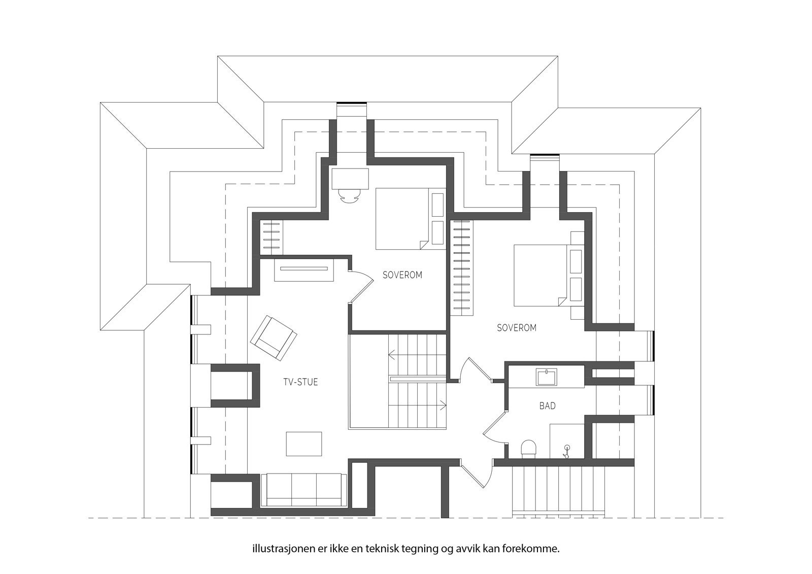Plantegning øvre plan. Interiørbildene som følger er fra dette planet Galleribilde