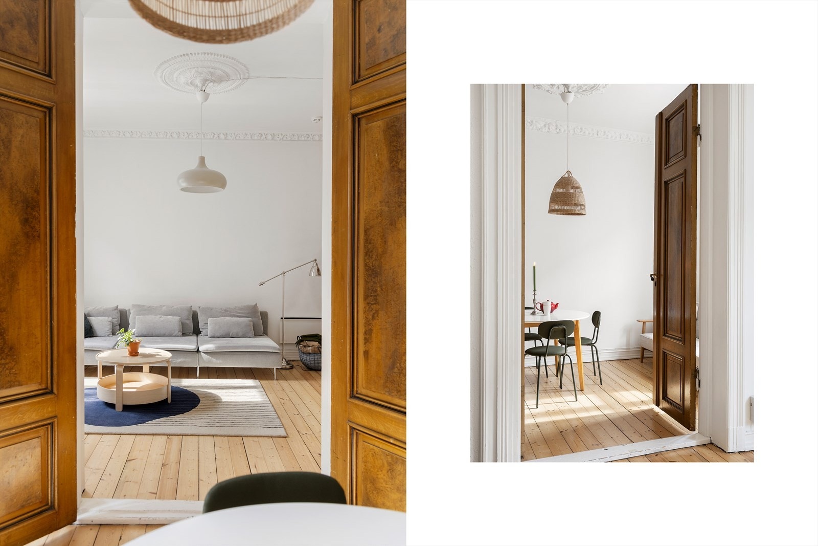 De to stuene adskilles av flotte, doble fyllingsdører som understreker takhøyden og gir en naturlig rominndeling. Galleribilde