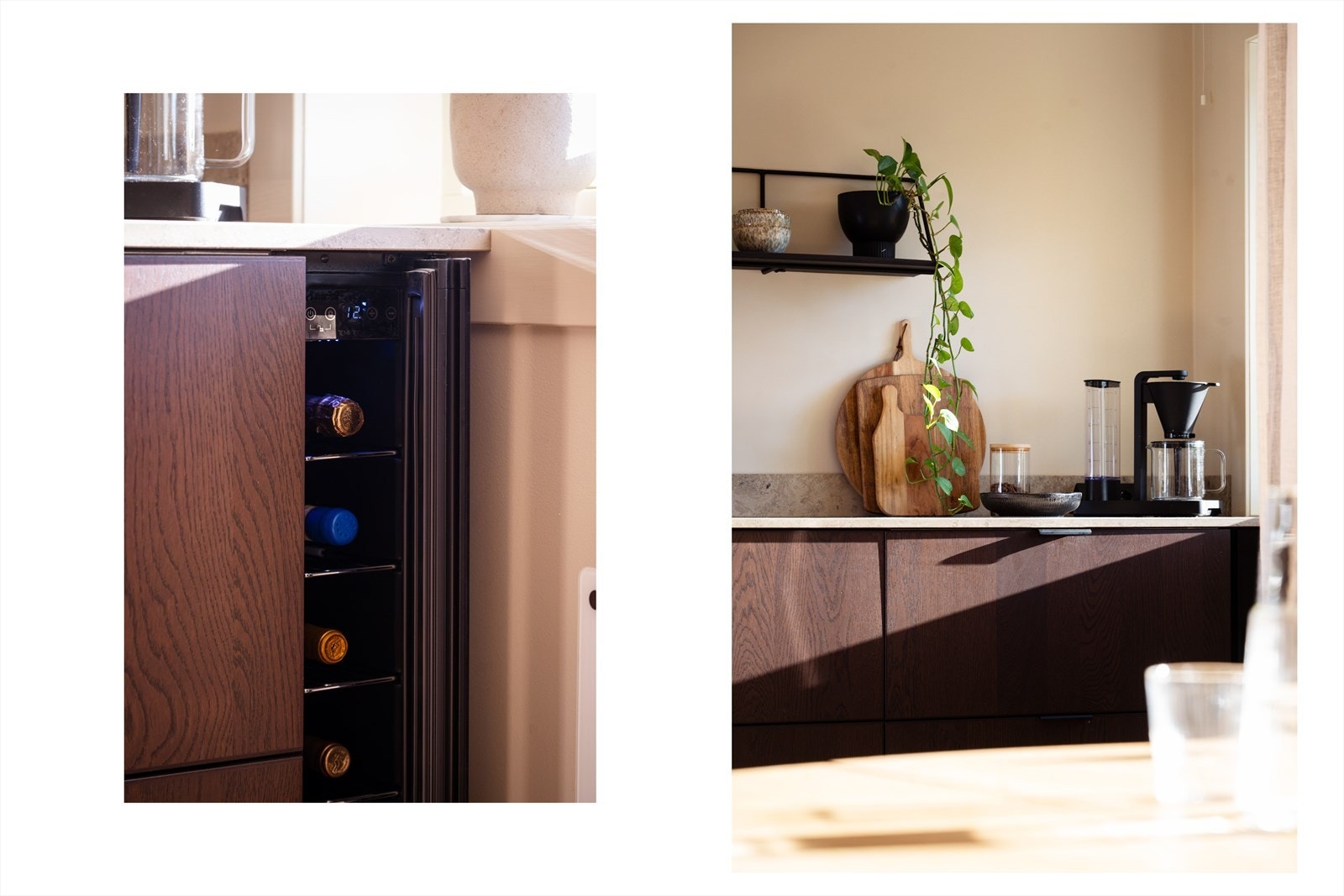 Her er det nøye gjennomtenkte detaljer og løsninger, med blant annet plass til vinskap og spesialbestilt benkeplate. Galleribilde