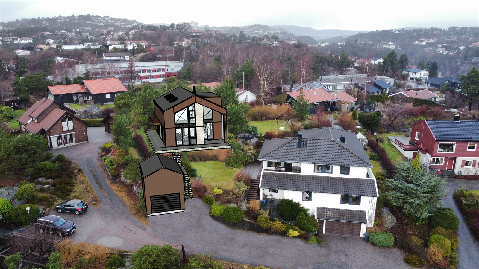 Illustrasjon av hus og garasje på tomt. Galleribilde