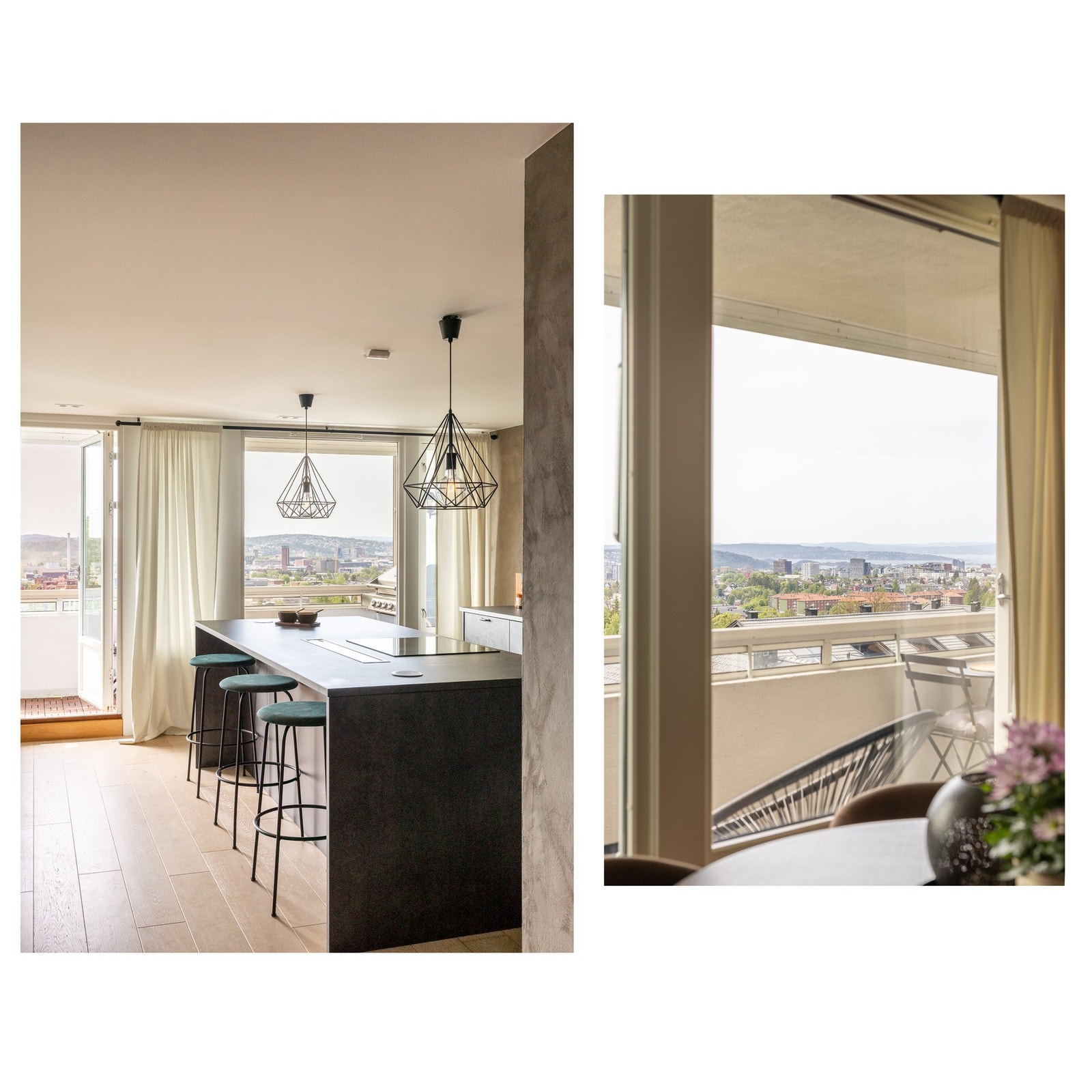 Utgang fra stue/kjøkken til hyggelig innglasset balkong på 11 kvm med fantastisk utsikt. Galleribilde