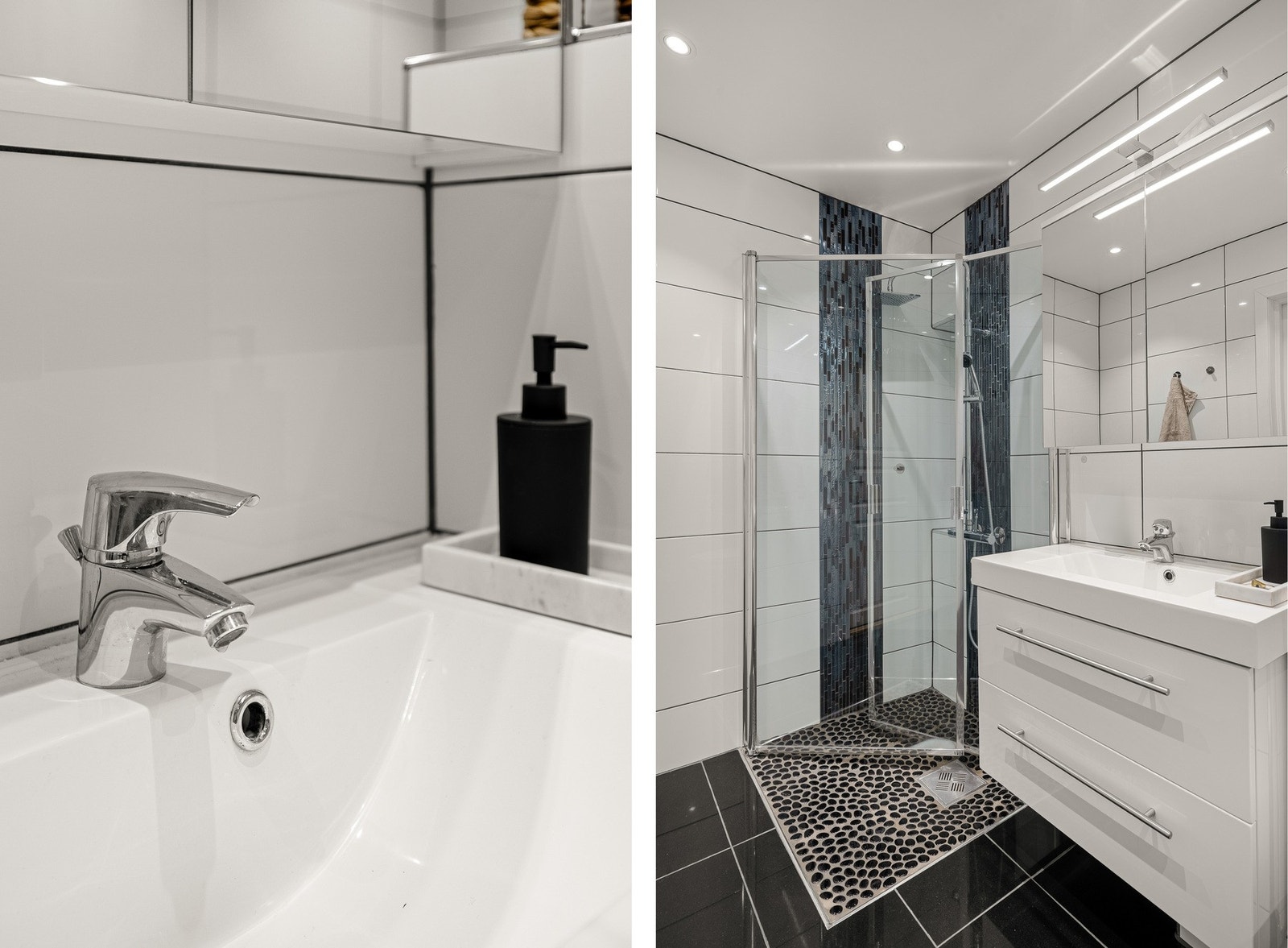 Her finner du dusj m/glassvegger, vegghengt toalett, opplegg for vaskemaskin og servant med innredning. Galleribilde