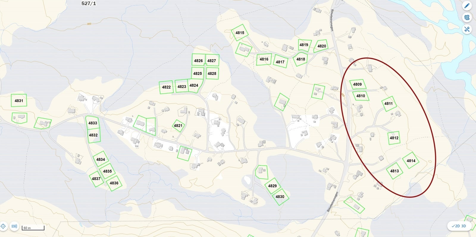 Tomtekart over Kroksjølia nedre. 6 tomter er nå ute for salg. Galleribilde
