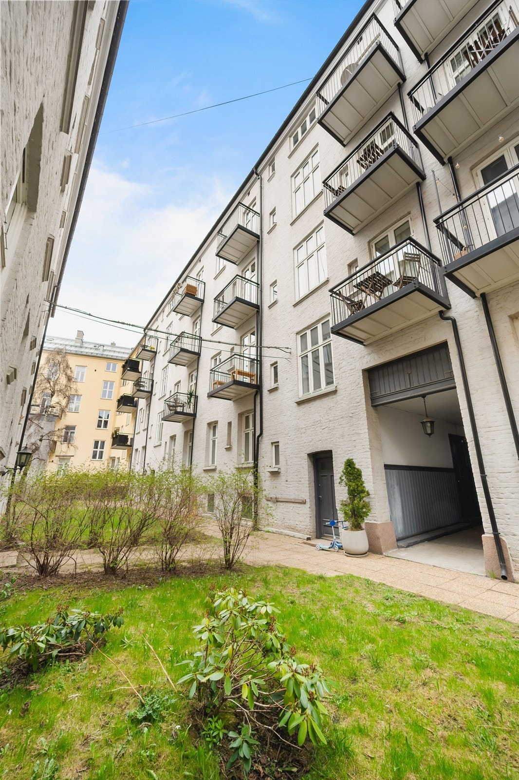 Pent opparbeidet bakgård med prydbusker og plen. Galleribilde