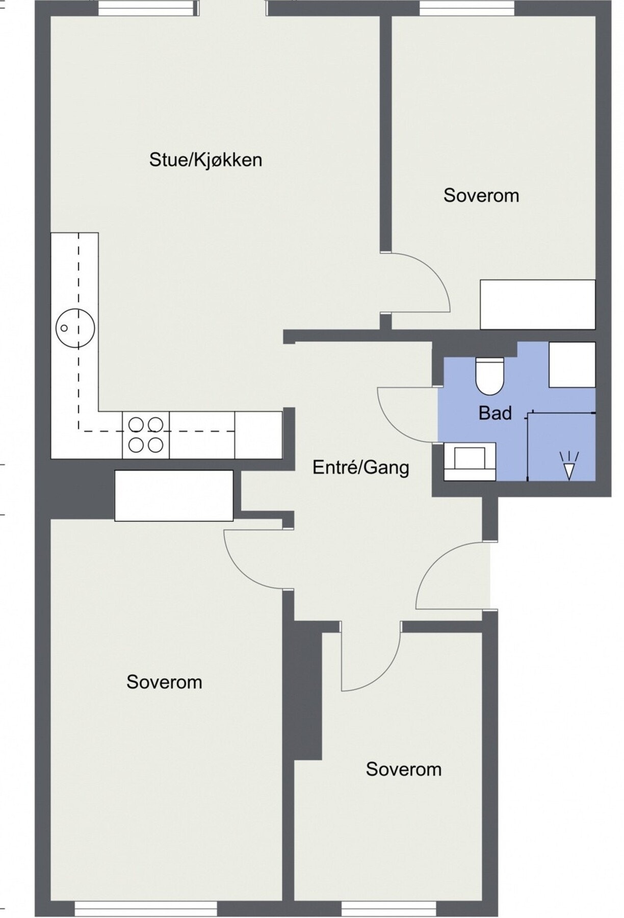 Alternativ planløsning som 4-roms. (Eksempel fra en annen leilighet i sameiet). Galleribilde