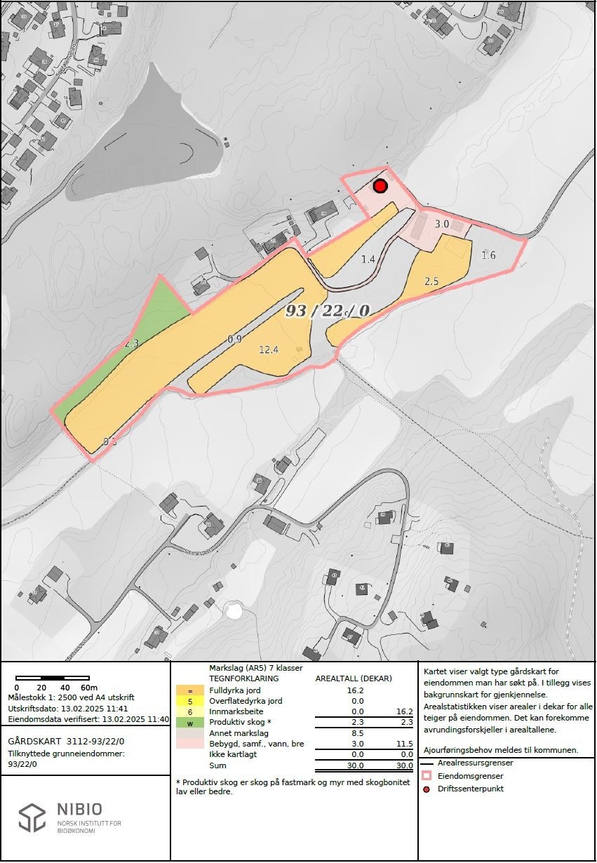 Kart over eiendommen med rød prikk, som markerer tunet/våningshuset. Rosa strek markerer eiendommens grenser Galleribilde