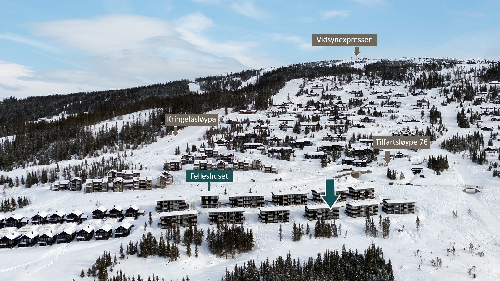 Fra leiligheten har du ski inn/ut med direkte adkomst til alpinbakken via bl.a. Kringelåsløypa og tilfartsløype 76 på sydsiden av alpinanlegget Galleribilde